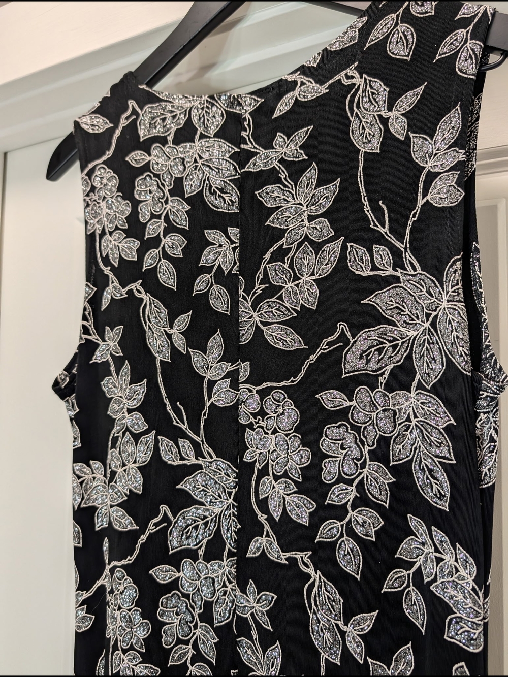 Vintage Black Maxi Dress with White Floral Pattern Silver Glitter Flowers - Picture 7 of 8